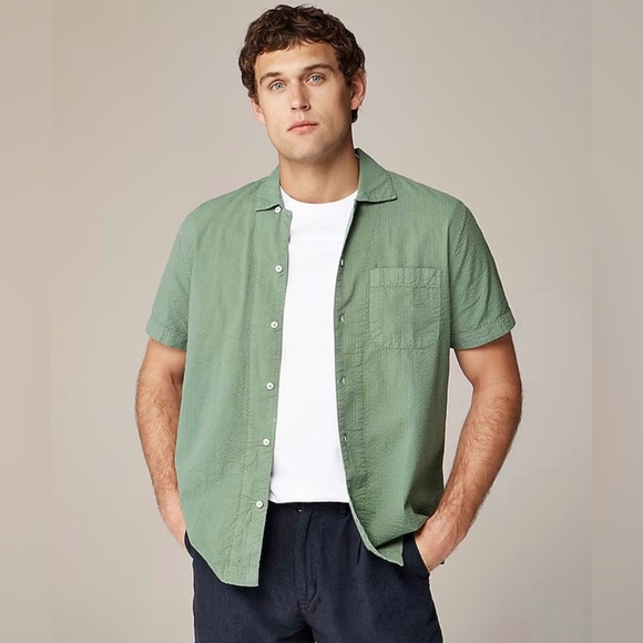 J Crew Short Sleeve Dyed Seersucker Camp Collar Shirt 100% Organic Cotton Ivy - Picture 1 of 10